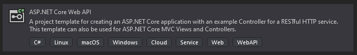 ASP.NET Core Web API proje şablonunun seçilmesi