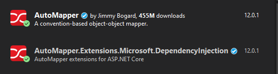 AutoMapper paketlerinin NuGet Package Manager'da görünümü