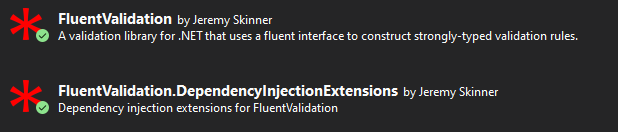 FluentValidation paketlerinin NuGet Package Manager'da görünümü
