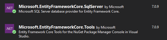 Entity Framework Core paketlerinin NuGet Package Manager'da görünümü