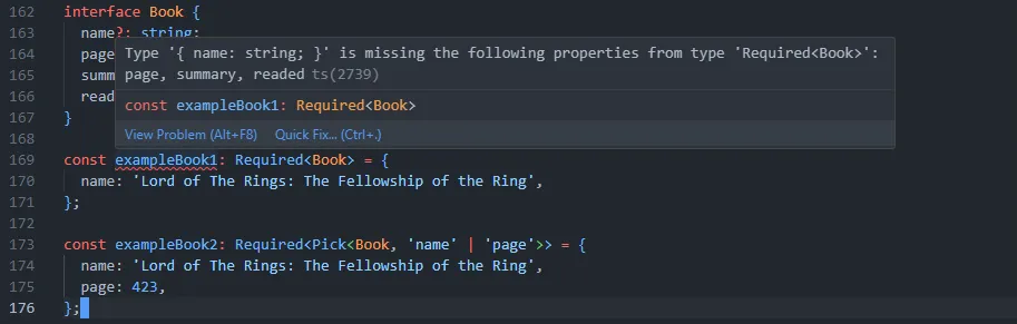 Required utility type example shown in the TypeScript editor