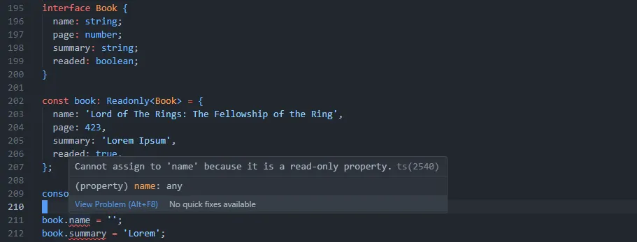 Readonly utility type example shown in the TypeScript editor
